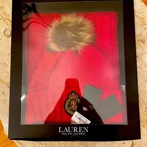 NWT Lauren Ralph Lauren Women's Red Cuffed Beanie & Blanket Scarf Set